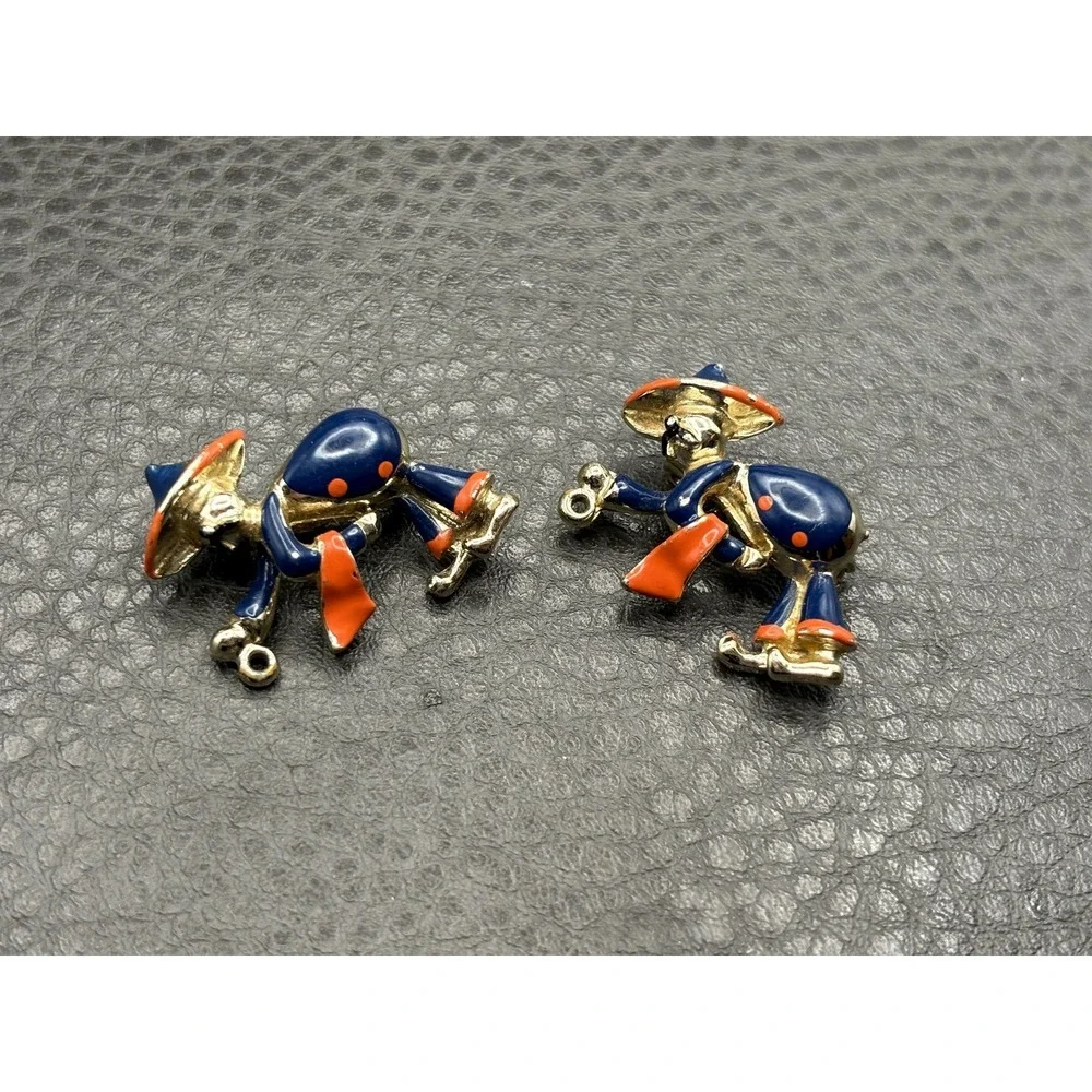 Vintage Lot of 2 1950s Figural Matador Blue Orange Enamel Brooch Pin Gold Tone